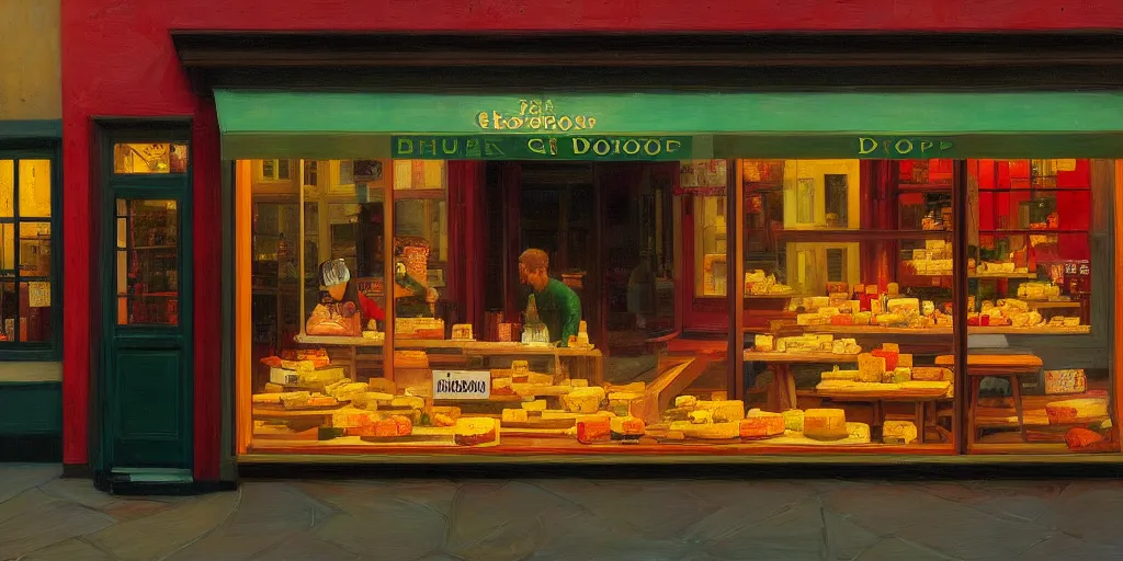 Image similar to a cheese shop window, by dan mumford and peter doig and edward hopper, highly detailed, dramatic lighting, 8 k