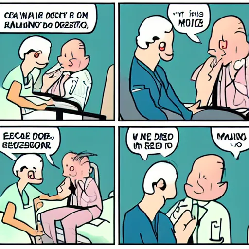 Prompt: a four - panel webcomic strip : a man slams open hospital doors, talks to the receptionist and doctor, and discovers his crying wife in a hospital bed