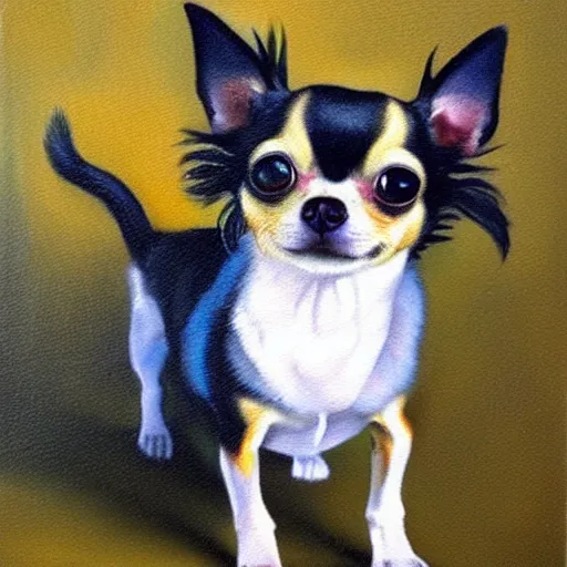 Image similar to chihuahua holding a camera, oil painting