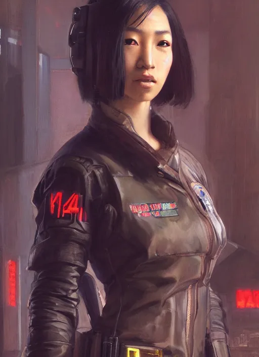 Prompt: Makate. dangerous beautiful cyberpunk female Asian USN marine wearing a military vest and military jumpsuit (cyberpunk 2077, bladerunner 2049). gorgeous face. Iranian orientalist portrait by john william waterhouse and Edwin Longsden Long and Theodore Ralli and Nasreddine Dinet, oil on canvas. Cinematic, hyper realism, realistic proportions, dramatic lighting, high detail 4k