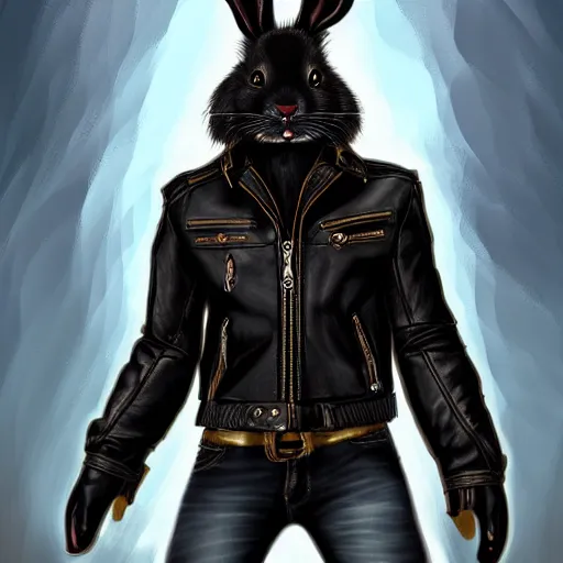 Image similar to A bunny with a small head wearing a fine intricate leather jacket and leather jeans and leather gloves, trending on FurAffinity, energetic, dynamic, digital art, highly detailed, FurAffinity, high quality, digital fantasy art, FurAffinity, favorite, character art