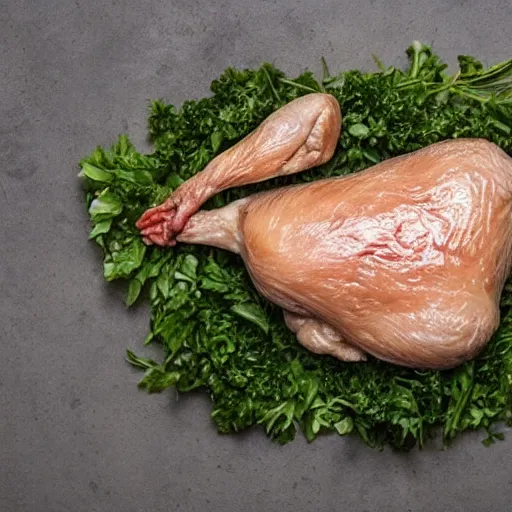 Prompt: a raw chicken made out of hill