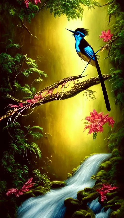 Image similar to paradise flycatcher, lush forest, gold, gems, dramatic lighting, waterfall, denoised, gothic architecture, baroque, painted by the best artists of artstation, best art in the world