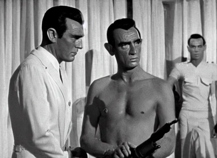 Prompt: scene from the 1 9 6 2 james bond film dr no