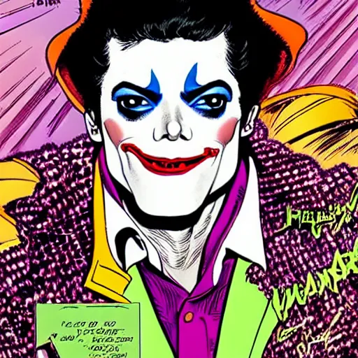 Image similar to dynamic macro head portrait of beautifu michael jackson as the joker in white sequined jacket by john romita sr and cory walker and ryan ottley and jack kirby and barry windsor - smith, comic, illustration, photo real