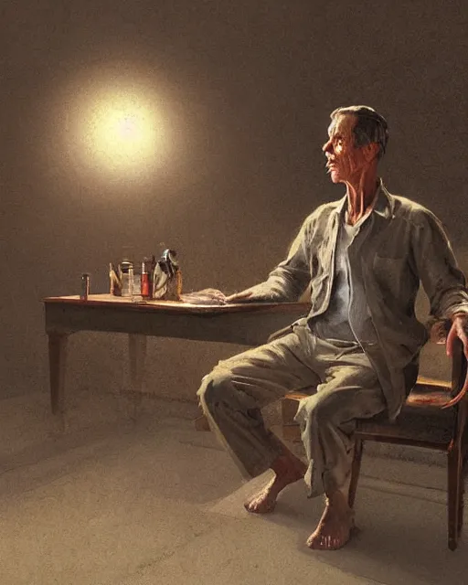 Image similar to a highly detailed epic cinematic concept art CG render digital painting artwork: Henry Fonda as a 1950s tired poet, barefoot, smoking a cigarette. volumetric lighting. By Greg Rutkowski, in the style of Francis Bacon and Syd Mead and Norman Rockwell and Beksinski, open ceiling, highly detailed, painted by Francis Bacon and Edward Hopper, painted by James Gilleard, surrealism, airbrush, Ilya Kuvshinov, WLOP, Stanley Artgerm, very coherent, triadic color scheme, art by Takato Yamamoto and James Jean