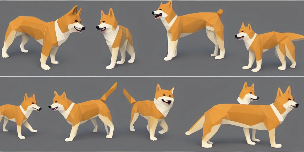 Prompt: concept art of low polygon 3 d render of shiba inu, doge meme, multiple variations, dynamic gestures