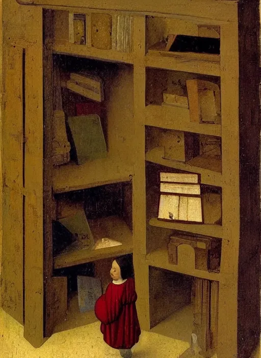 Image similar to bookshelf with books and children toys, medieval painting by jan van eyck, johannes vermeer, florence