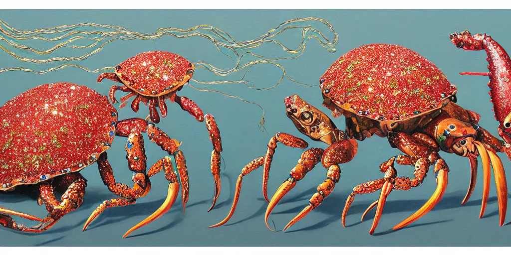 Image similar to imaginary animals, squid, horse, lobster, turtles by raqib shaw, made from oil metallic paint glitter rhinestones and graphite on white paper,