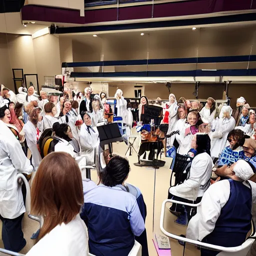 Image similar to doctors playing music with instruments made out of clear tubing, syringes, urine collection bag, iv pole, fluid bag, nebulizer equipment, bag - valve mask, intubation equipment, speculum, defibrillator, coban, flexiseal, picc dressing. capacity crowd at concert in surgical theater.