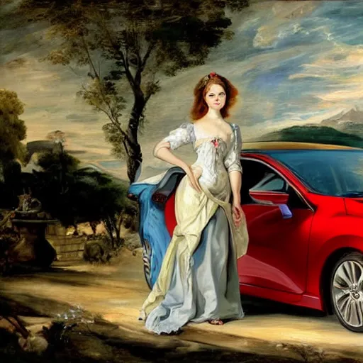 Image similar to heavenly summer sharp land sphere scallop well dressed lady standing next to a honda civic, auslese, by peter paul rubens and eugene delacroix and karol bak, hyperrealism, digital illustration, fauvist, standing next to a honda civic