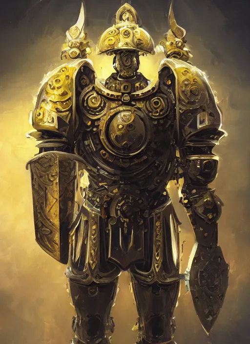 Prompt: full body, attack position abstract portrait of a intricate ornate holy mechanical warforged with circular glowing eye, character in yellow armor holding a paladin engraved great longsword drawn and carrying a big paladin shield, vertically flat head, face in focus, epic , trending on ArtStation, masterpiece, cinematic lighting, by Ross Tran and by Greg Rutkowski