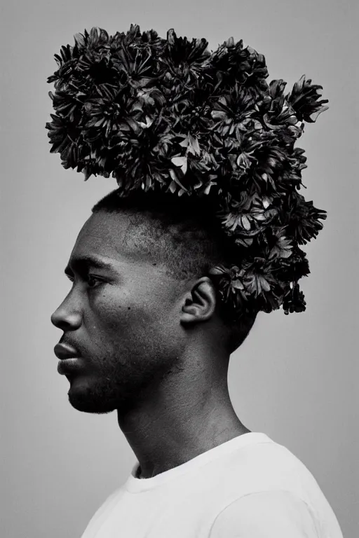 Image similar to a black young man's face in profile, no beard, long curly hair made of flowers and fruit, in the style of the Dutch masters and Alec Soth, dark and moody