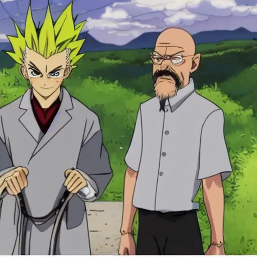 Image similar to senku from dr stone and walter white from breaking bad in a lab together