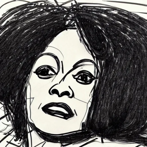 Prompt: a realistic yet scraggly portrait sketch of the side profile of a stern and sophisticated diana ross, trending on artstation, intricate details, in the style of frank auerbach, in the style of sergio aragones, in the style of martin ansin, in the style of david aja, in the style of mattias adolfsson