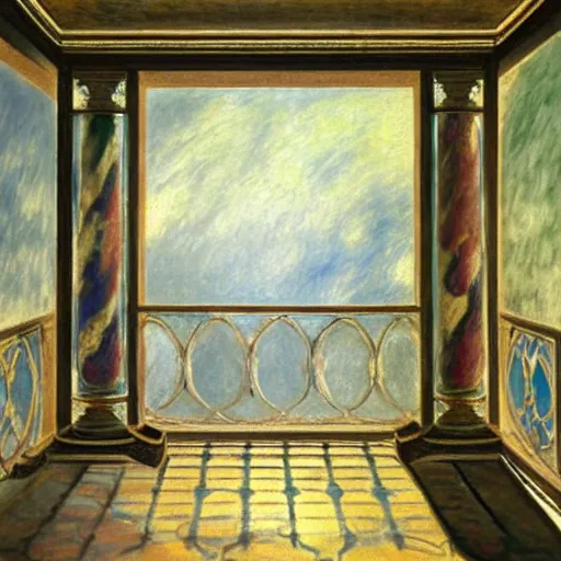Image similar to still life painting of a room with a balcony and a marbled pedestal displaying an ancient holy artifact, centered in frame and shaped like signet ring, chromed and ornate with gentle iridescent shine from within. perspective from the side. realistic light and shadows. moody fantasy art, still life renaissance pastel painting. by monet