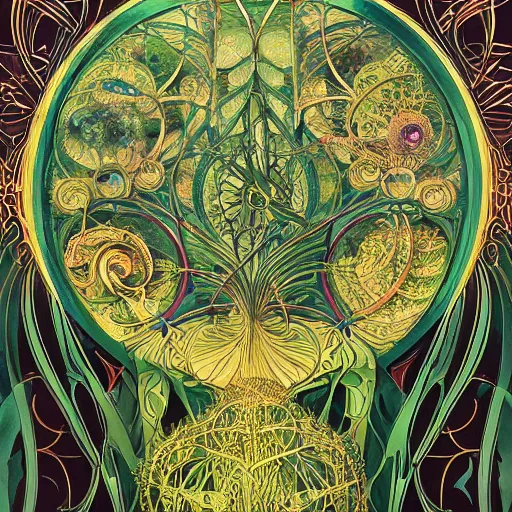 Prompt: the green hour, a beautiful art nouveau abstract painting by aaron jasinski and ernst haeckel and victo ngai