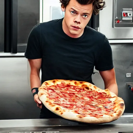 Image similar to a realistic photo of Harry styles making a pizza, ultra realistic