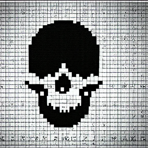 Image similar to evil skull made out of binary code, on computer screen, old computer