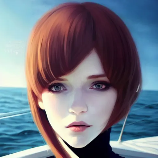 Image similar to beautiful pale vampire with auburn hair in a white turtleneck dress, on a super yacht, by guweiz and wlop and ilya kuvshinov and and moebius and bilal and artgerm, symmetrical eyes, aesthetic, gorgeous, stunning, alluring, attractive, artstation, deviantart, pinterest, digital art