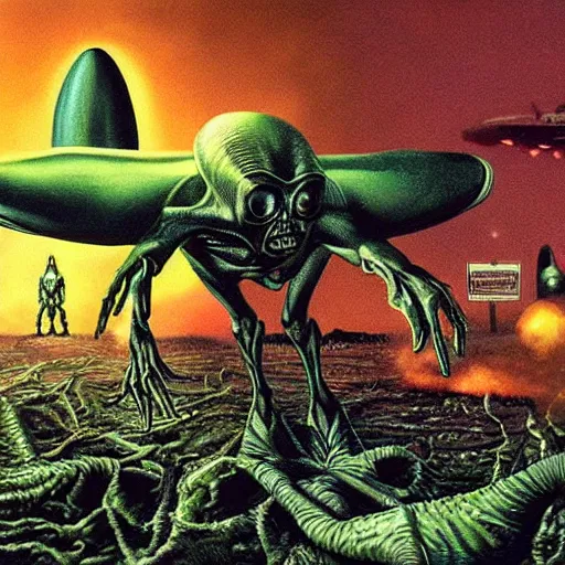 Prompt: a hyperrealistic painting of an alien invasion, by chris cunningham and richard corben, highly detailed, vivid color,