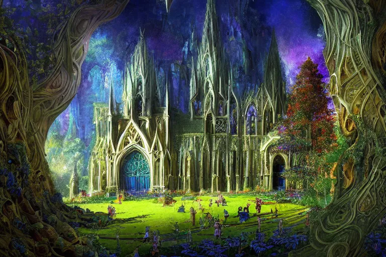 Image similar to a beautiful and highly detailed fantasy landscape painting of a cathedral in a beautiful garden in a mystical forest, psychedelic, intricate details, epic scale, insanely complex, 8 k, sharp focus, hyperrealism, artstation, cgsociety, by eyvind earle,