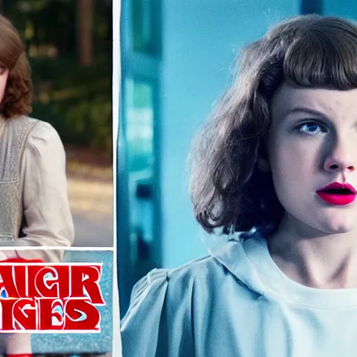 Prompt: still from Stranger Things season 6 - Taylor Swift pale and possessed as evil queen Brunhilda