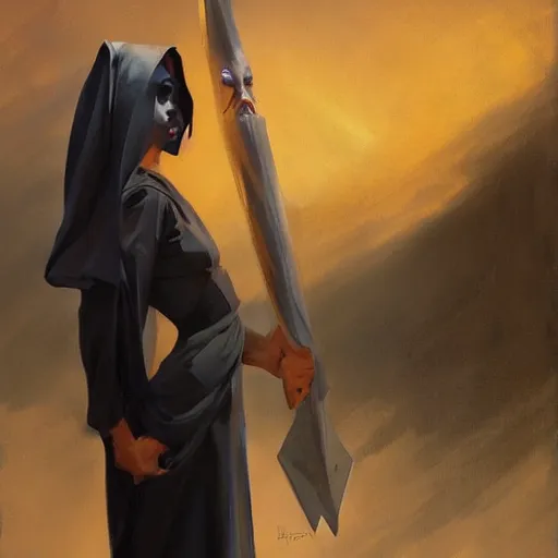 Prompt: greg manchess portrait painting of the grim reaper, medium shot, asymmetrical, profile picture, organic painting, sunny day, matte painting, bold shapes, hard edges, street art, trending on artstation, by huang guangjian and gil elvgren and sachin teng