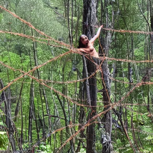 Image similar to a female navi wrapped in barbed wire floating in the air in front of a sequioa forest