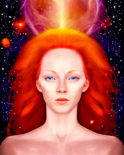 Image similar to space astral portrait of a beautiful girl, red hair, ginger hair, fantasy, glowing skin, smooth face, perfect eyes, half body shot, tarot card