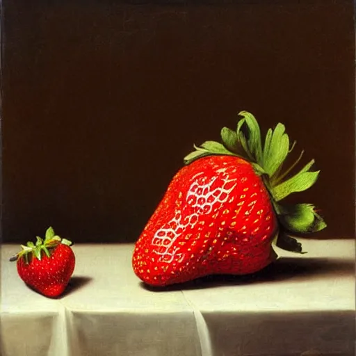 Image similar to giant strawberry in still life. dutch masters, 1 8 th century. oil on canvas. impossibly large, juicy, fresh, delicious, mouth - watering