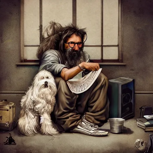 Image similar to homeless man hobo with long beard and long hair sitting at his computer in a white room asylum, headphones on head, his pet dog yorkshire terrier sitting beside him, pixar style, by tristan eaton stanley artgerm and tom bagshaw.