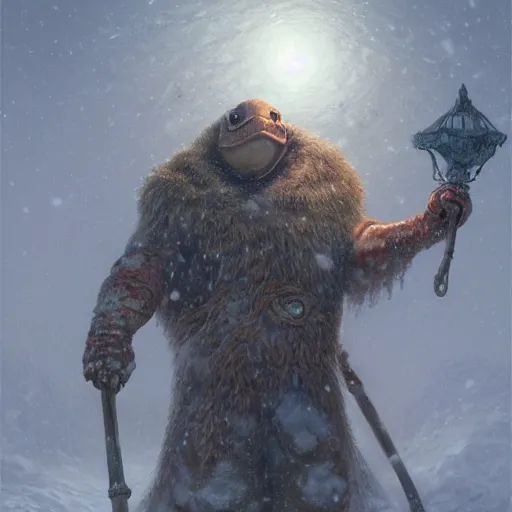 Prompt: anthropomorphic turtle humanoid with large shell, greg rutkowski, barbarian, tim hildebrandt, winter, ice, snow, fur jacket, wayne barlowe, big and tall, fantasy