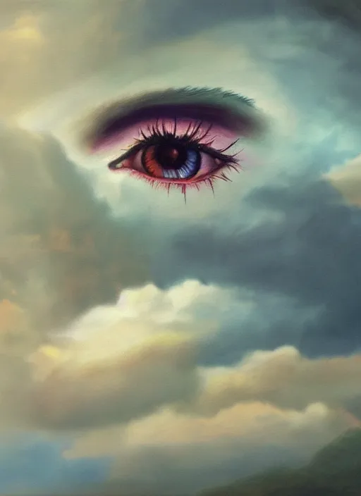 Prompt: a beautiful painting of a single eye in a cloudy sky, fantasy art, matte painting, beautiful colors