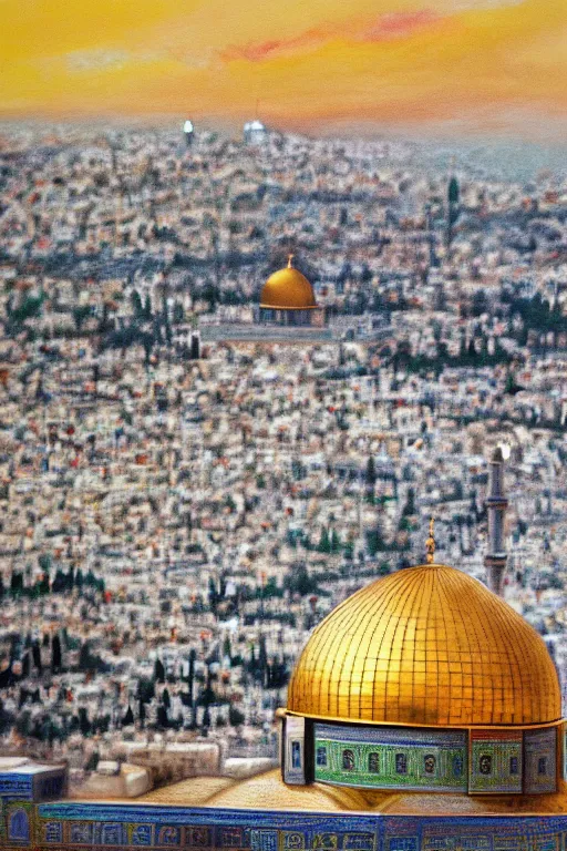 Image similar to a beautiful painting of dome of the rock jerusalem and f a muslim is praying in front of it, trending on artstation