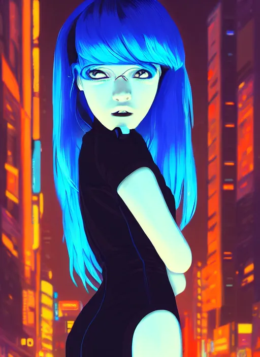 Prompt: digital illustrationportrait of cyberpunk pretty girl with blue hair, wearing a tight black dress, in city street at night, by makoto shinkai, ilya kuvshinov, lois van baarle, rossdraws, basquiat