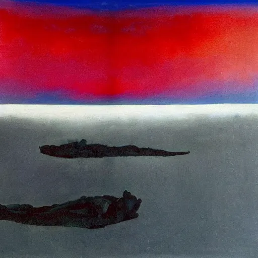 Image similar to the epic abstract painting'blue arctic void with black and red aurora borealis above a minimalist inuit sculpture made of whale rib bones ', by caspar david friedrich!!!, by rothko!!!, stunning masterpiece, trending on artstation