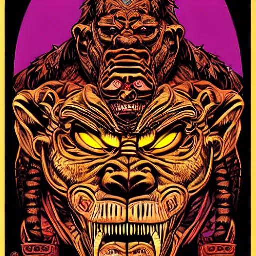 Image similar to barong family member, wiwek, mara demon, one single tribe member, jungle, one single mask, dark, ancient warrior, gorilla, lizard, tribal, inner glow, art by dan mumford and justin gerard and andy warhol