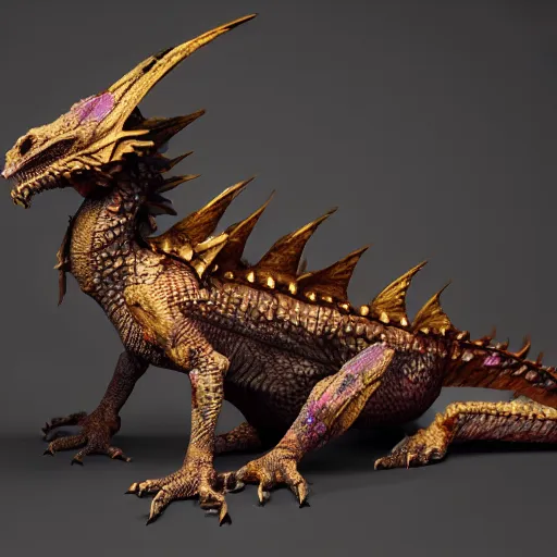 Image similar to an injured damaged dragon with patchy golden scales and exposed bones and has a broken wing and leg, fantasy, intricately detailed, 8 k render, ultra high resolution, octane render, trending on artstation