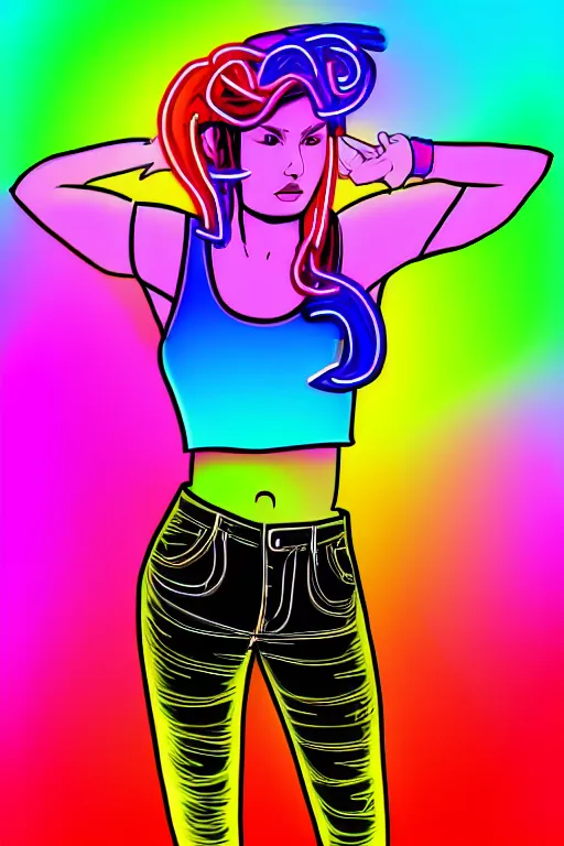 Image similar to a award winning half body portrait of a beautiful woman with stunning eyes in a croptop and cargo pants with rainbow colored ombre hairstyle head in motion and hair flying by thomas danthony, outlined by whirling illuminated neon lines, outrun, vaporware, shaded flat illustration, digital art, trending on artstation, highly detailed, fine detail, intricate