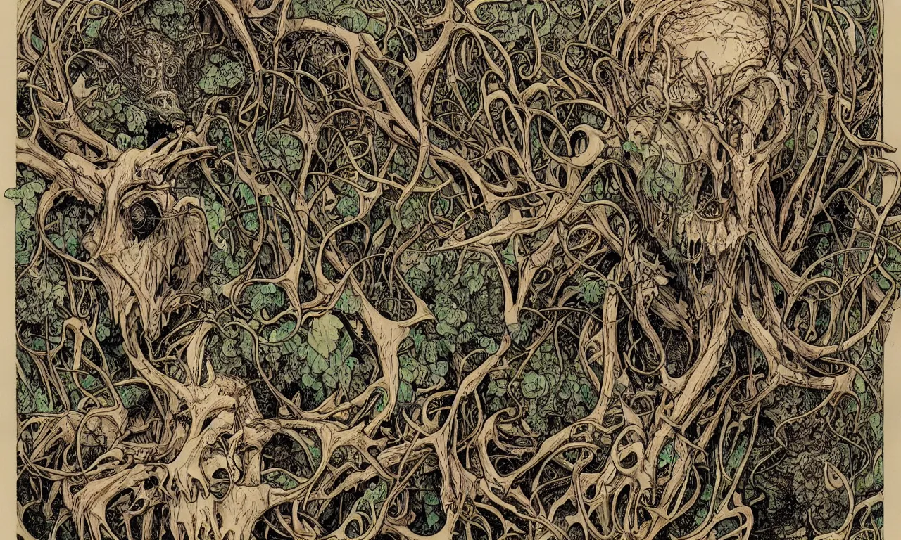 Image similar to hyperdetailed art nouveau portrait of treebeard as a cthulhu eyeball moose skull wendigo cryptid monster, by geof darrow, simon bisley and bill sienkiewicz, grim yet sparkling atmosphere, photorealism, claws, skeleton, antlers, fangs, forest, wild, crazy, horror, lynn varley, lovern kindzierski, steve oliff