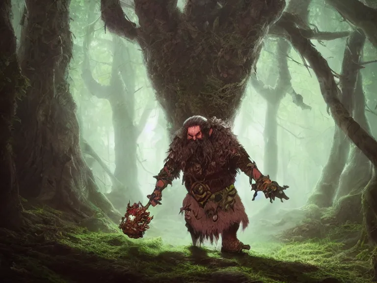 Image similar to Scared High Fantasy Dwarf Druid tripping through Haunted Forest, RPG Portrait Reference, Oil Painting, Trending on Artstation, octane render, Insanely Detailed, 8k, HD