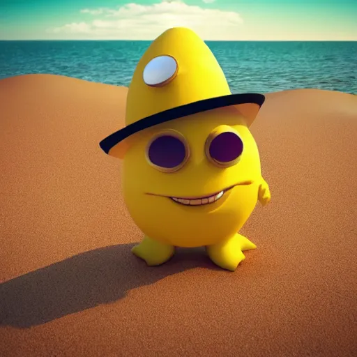 Prompt: 3 d render, of anthropomorphic lemon character with an angry look on his face, he is wearing a hat, relaxing on the beach at sunset, beach, waves, sun, rim light, cinematic photography, professional, sand, sandcastle, volumetric lightening