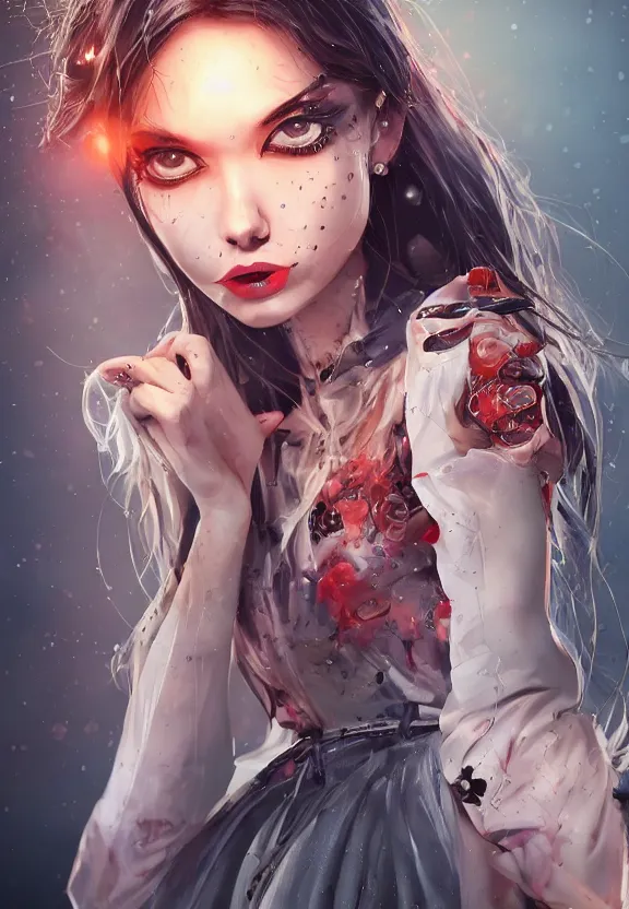 Prompt: full body illustration of a girl with eyes that burn like cigarettes wearing a short skirt and a long jacket with fingernails that shine like justice, piano fingers, dramatic lighting, photorealistic, full body portrait, detailed anatomy, extreme detail, 4 k, colorful, artgerm and ben lo, octane render, detailed face, f / 2. 8