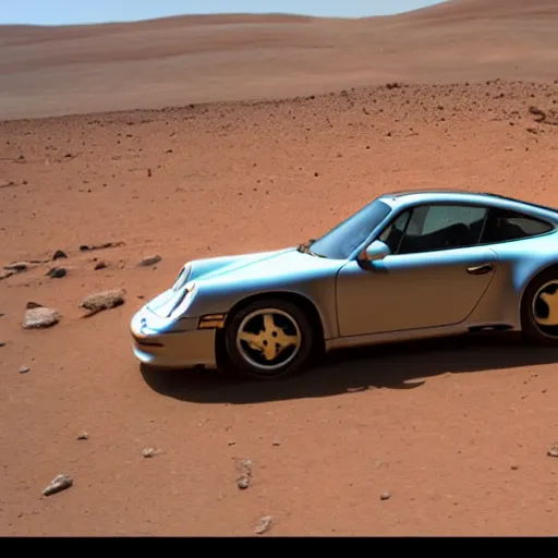 Prompt: a brand new porsche 9 1 1 9 9 2 driving on mars, dusty