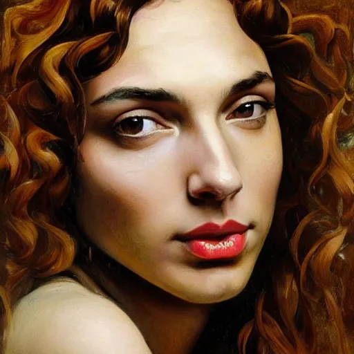 Prompt: Oil painting of the beautiful woman Gal Gadot, she is wearing some withe old cloths and a surreal ornate, her hair is natural disheveled, naturalism, dramatic lighting, high-detailed oil painting by Ilya Repin, Michelangelo da Caravaggio, William Blake, Alex Grey and Beksinski, trending on Artsatio, masterpiece, 4k, 8k,