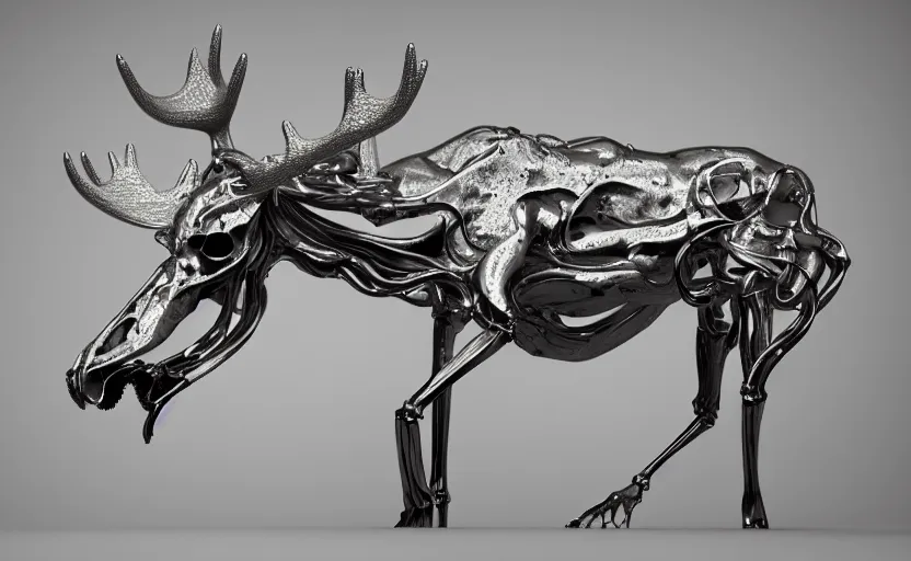 Image similar to stylized shiny polished silver statue full body extra limbs bizarre cosmic horror quadruped animal moose deer skull four legs made of marble of slug creature tendrils, perfect symmetrical body, perfect symmetrical face, hyper realistic, hyper detailed, by johannen voss, by michelangelo, octane render, blender, 8 k, displayed in pure white studio room austere