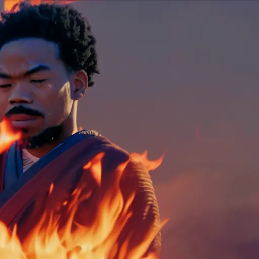 Image similar to cinematic film still of Chance The Rapper starring as a Samurai holding fire, Japanese CGI, VFX, 2022, 40mm lens, shallow depth of field, film photography