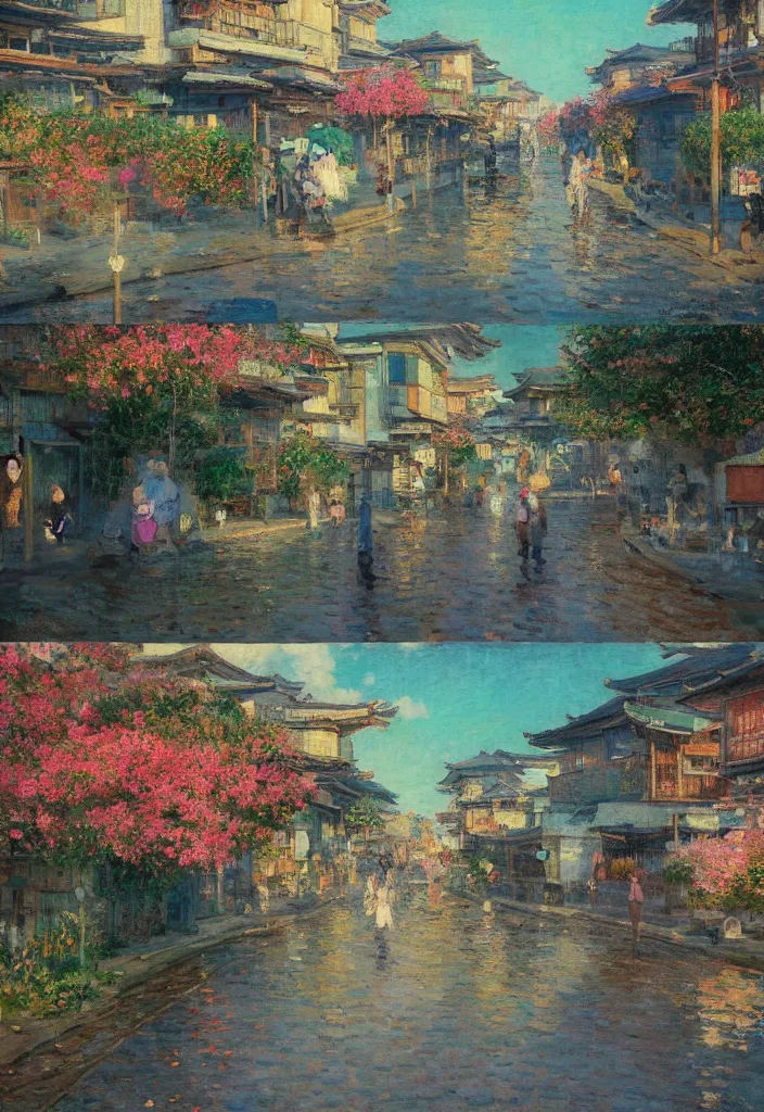 Image similar to a beautiful japanese city near the sea, amazing ryokans and gorgeous edo era houses, cyberpunk, lofi vibe, colorful, vivide colors, oil painting in impressionist style, by jeremy lipkin, by claude monet, by makoto shinkai, multiple brush strokes, inspired by ghibli, masterpiece, beautiful