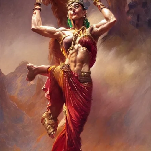 Prompt: a fit and muscular woman with marble skin wearing sari dancing from side. highly detailed digital art by gaston bussiere, craig mullins, j. c. leyendecker 8 k